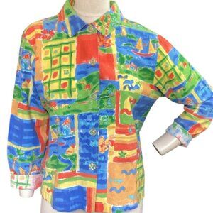 Coldwater Creek Cotton Jacket Sz M Watercolor Beach Print #27Q